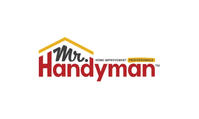 Mr. Handyman logo with red text and a yellow roof graphic symbolizing home improvement professionals.