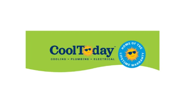 CoolToday logo with green background featuring a sun with sunglasses, specializing in cooling, plumbing, and electrical.
