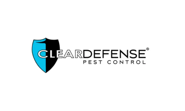 Clear Defense Pest Control logo with a blue and black shield emblem and bold black text.