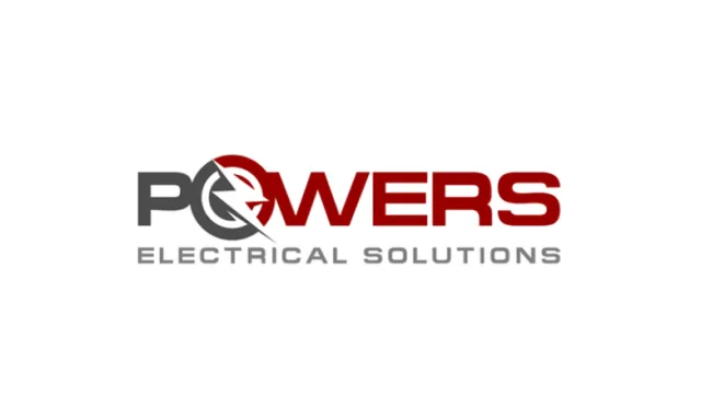 Powers Electrical Solutions logo with a lightning bolt graphic integrated into the letter O, in red and gray colors.
