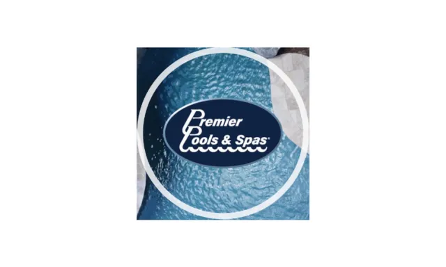 Premier Pools & Spas logo over a textured blue swimming pool surface with a white circular outline