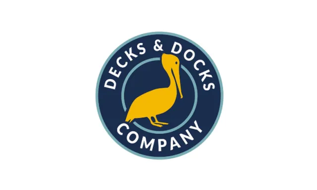 Decks & Docks Company logo with a yellow pelican on a blue circular background