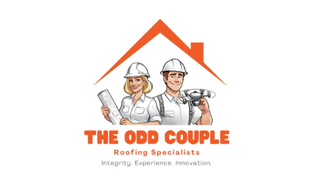 Logo of The Odd Couple roofing specialists with a man and woman in hard hats under a house roof graphic