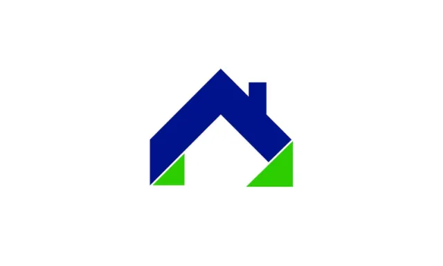 Blue and green minimalist house icon with a pitched roof on white background