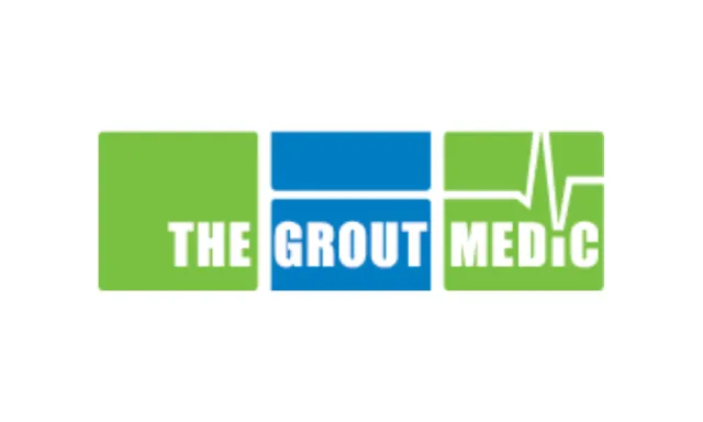 Logo with text The Grout Medic in green and blue blocks with a medical heartbeat line.