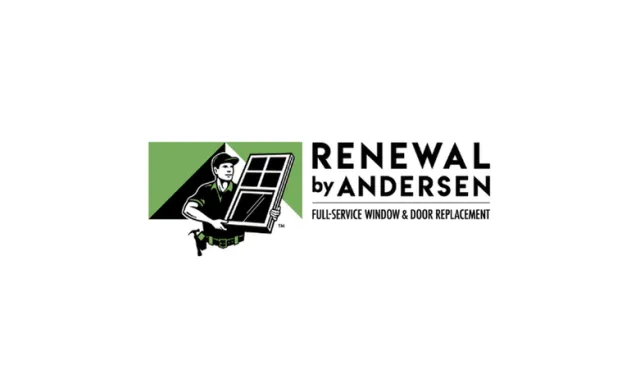 Renewal by Andersen logo with a worker holding a window and text for full-service window and door replacement.