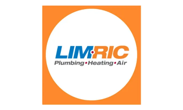 Limric logo with blue and orange text inside a white circle on an orange background, focusing on plumbing heating and air.