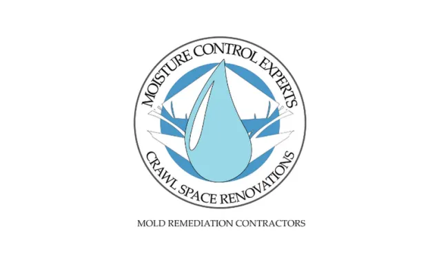 Logo with a large blue water drop, text Moisture Control Experts Crawl Space Renovations, Mold Remediation Contractors