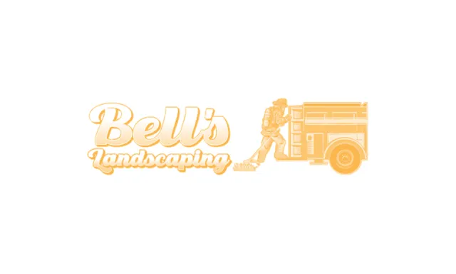 Bell's Landscaping logo with worker operating landscaping equipment in orange tone on white background