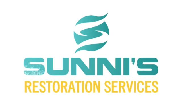 Logo for Sunni's Restoration Services with teal stylized S icon and bold yellow text on white background