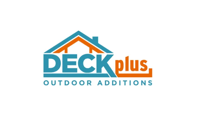 Deck Plus Outdoor Additions logo with a house roof icon in blue and orange colors on white background