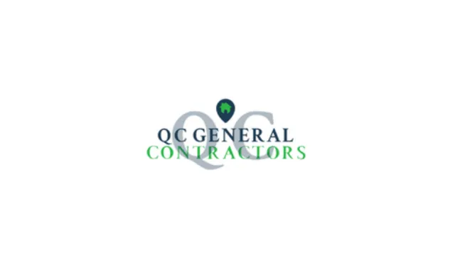 QC General Contractors logo with a house icon and green and blue text on a white background