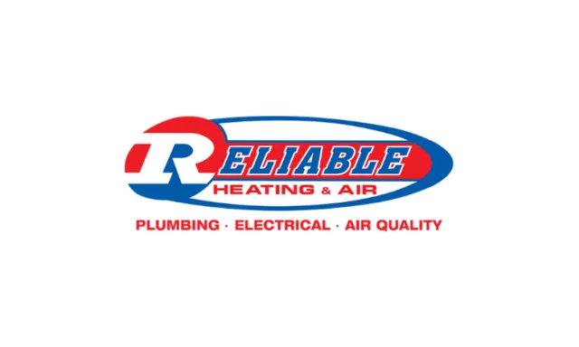 Reliable Heating & Air logo with services plumbing, electrical, and air quality in red and blue colors.