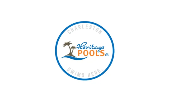 Heritage Pools logo with palm trees and water wave inside a blue circle, text Charleston swims here.