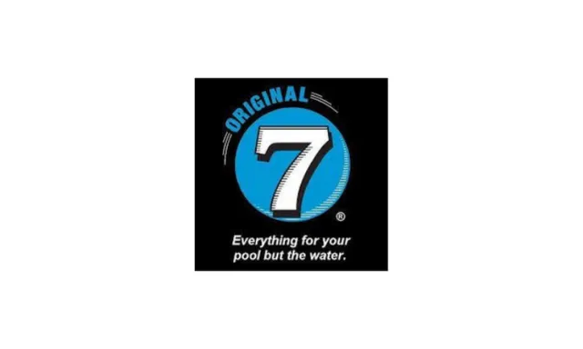 Original 7 logo with slogan Everything for your pool but the water in blue and white on black background