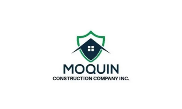 Moquin Construction Company logo featuring a house icon with a shield outline in green and blue.