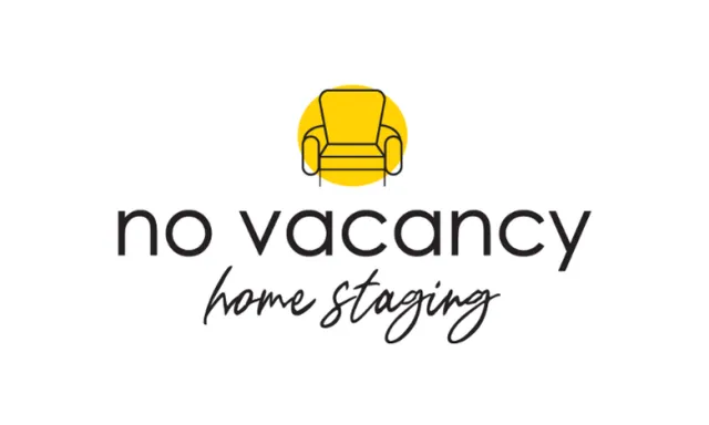 Logo of No Vacancy Home Staging featuring a yellow circle with a black outlined armchair above the brand name.