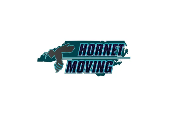 Hornet Moving logo with a stylized hornet and map silhouette in blue and black colors.
