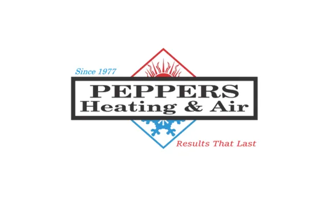 Peppers Heating & Air logo with a flame and snowflake graphic, tagline Results That Last, since 1977.