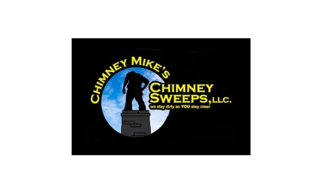 Chimney Mike's Chimney Sweeps logo with a silhouette of a chimney sweep on a brick chimney and blue sky background.