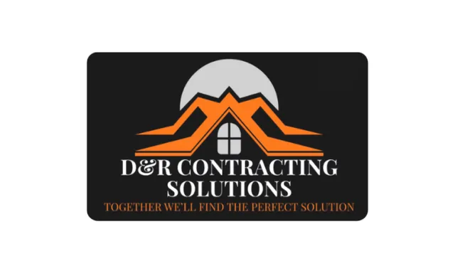 Logo for D&R Contracting Solutions featuring an orange roof and a window under a grey sun.