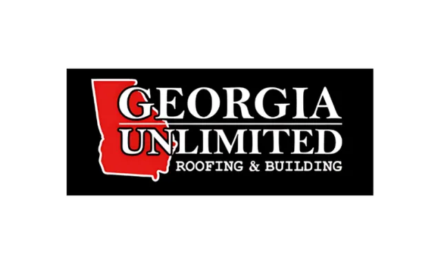 Georgia Unlimited roofing and building logo with a red state outline on a black background