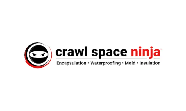 Crawl Space Ninja logo with a ninja face icon and services including encapsulation, waterproofing, mold, and insulation
