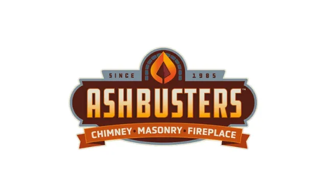 Ashbusters logo featuring a flame icon and text highlighting chimney, masonry, and fireplace services since 1985