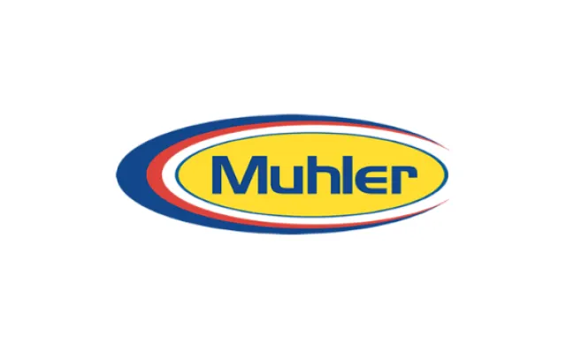 Muhler logo with blue text inside a yellow oval and red and blue swoosh designs on a white background