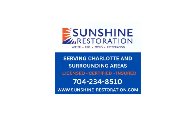 Sunshine Restoration logo with services for water, fire, mold damage, serving Charlotte area, licensed and insured.
