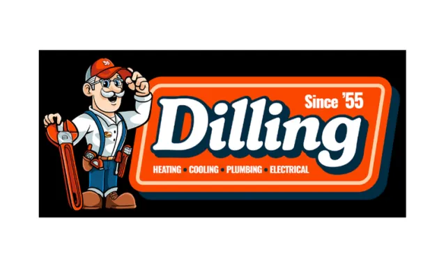 Dilling logo with a cartoon plumber holding a large wrench, highlighting heating, cooling, plumbing, electrical services.