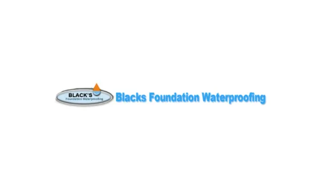 Logo of Blacks Foundation Waterproofing with blue text and water droplet icon on white background