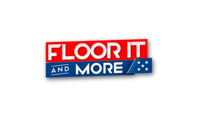 Floor It And More logo with red and blue colors and white bold text on a white background