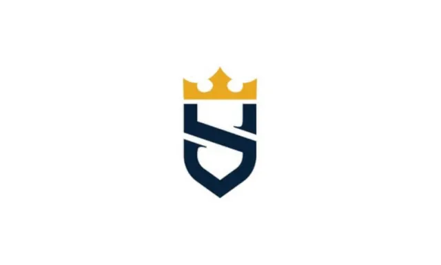 Minimalistic dark blue shield logo with a golden crown on top and a diagonal line through the shield.