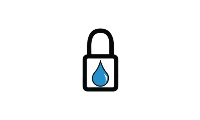 Black padlock icon with a blue water droplet in the center on a white background