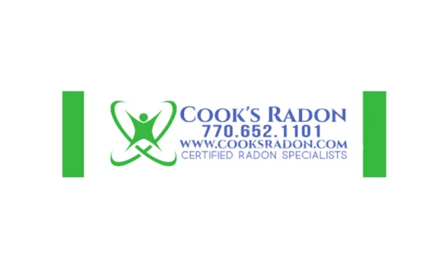Cook's Radon logo with contact number and website for certified radon specialists in blue and green colors.