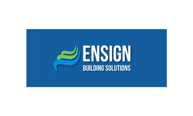 Ensign Building Solutions logo on a blue background with green and blue wave design