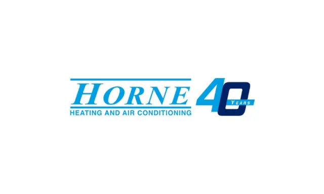 Horne Heating and Air Conditioning logo celebrating 40 years with blue and navy typography on white.