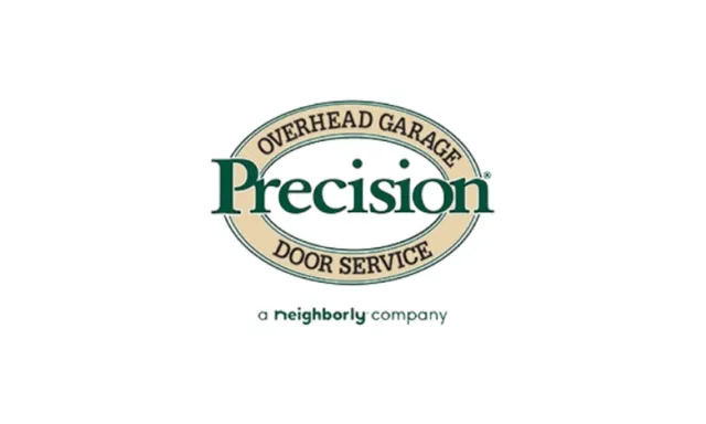 Logo of Precision Overhead Garage Door Service, a Neighborly company with green and beige colors.