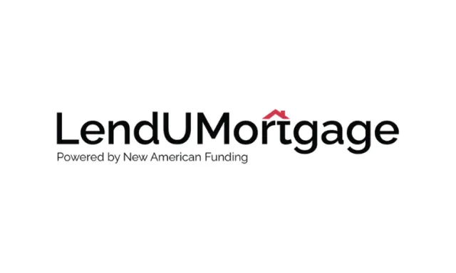 LendUMortgage logo with a red house icon above the letter M and tagline Powered by New American Funding.