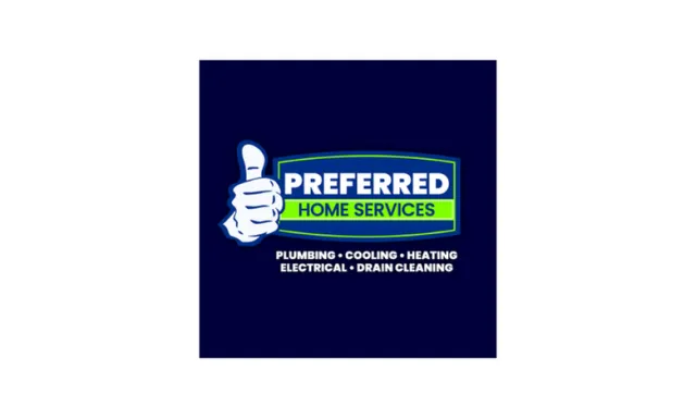 Preferred Home Services logo with thumbs up and services listed including plumbing, cooling, heating, electrical, and drain cleaning.