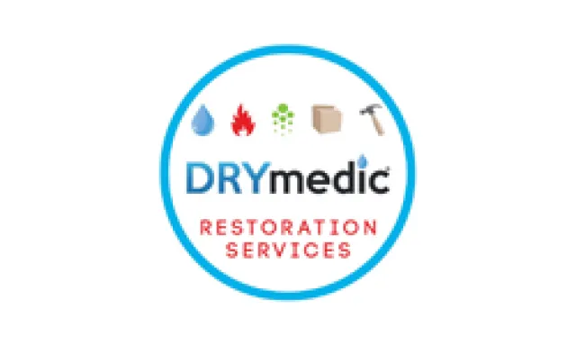 Logo for DRYmedic Restoration Services featuring water, fire, mold, packing, and hammer icons in a blue circle.