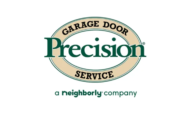 Precision Garage Door Service logo with green text and beige oval, a Neighborly company branding below