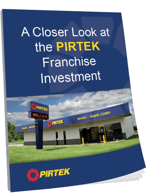 Brochure cover showing PIRTEK Service & Supply Center building under cloudy sky promoting franchise investment.