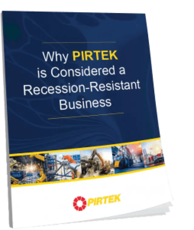 Brochure cover explaining why PIRTEK is considered a recession-resistant business with industrial images.