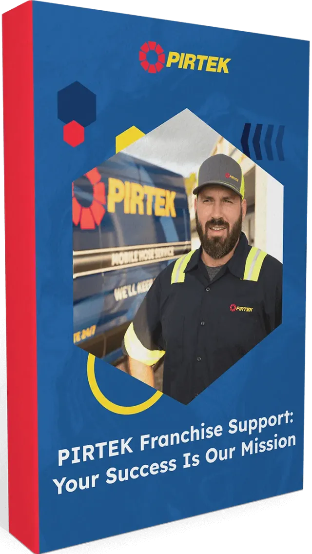 PIRTEK franchise support promotional box featuring a man in uniform with PIRTEK branded van in background.