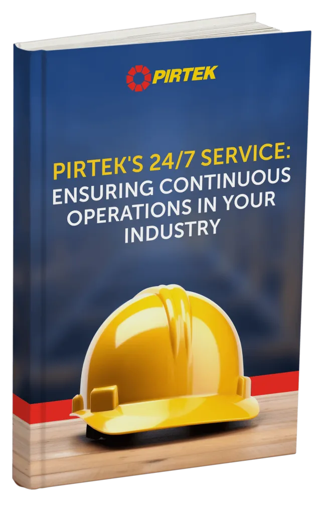 Book cover featuring a yellow construction helmet and text about PIRTEK's 24/7 service for continuous industry operations.