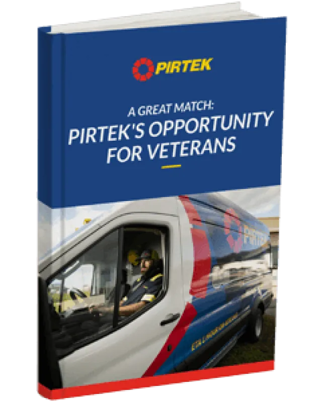 Book cover showing PIRTEK's opportunity for veterans with a van and driver in uniform on a blue background.
