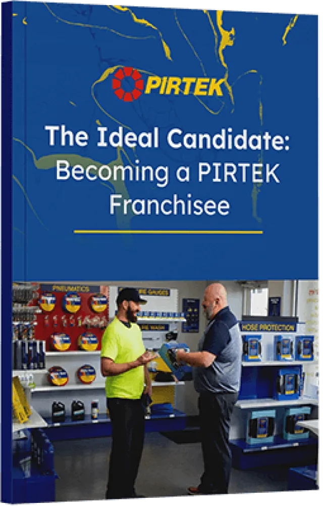 Book cover for The Ideal Candidate Becoming a PIRTEK Franchisee with two men discussing products inside a store.