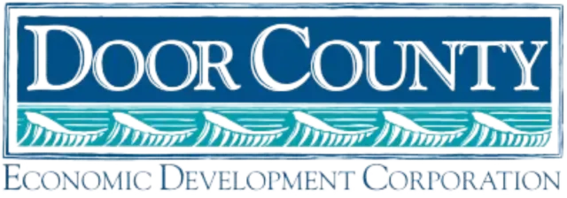 Door County Economic Development Corporation logo with blue background and stylized wave design in turquoise